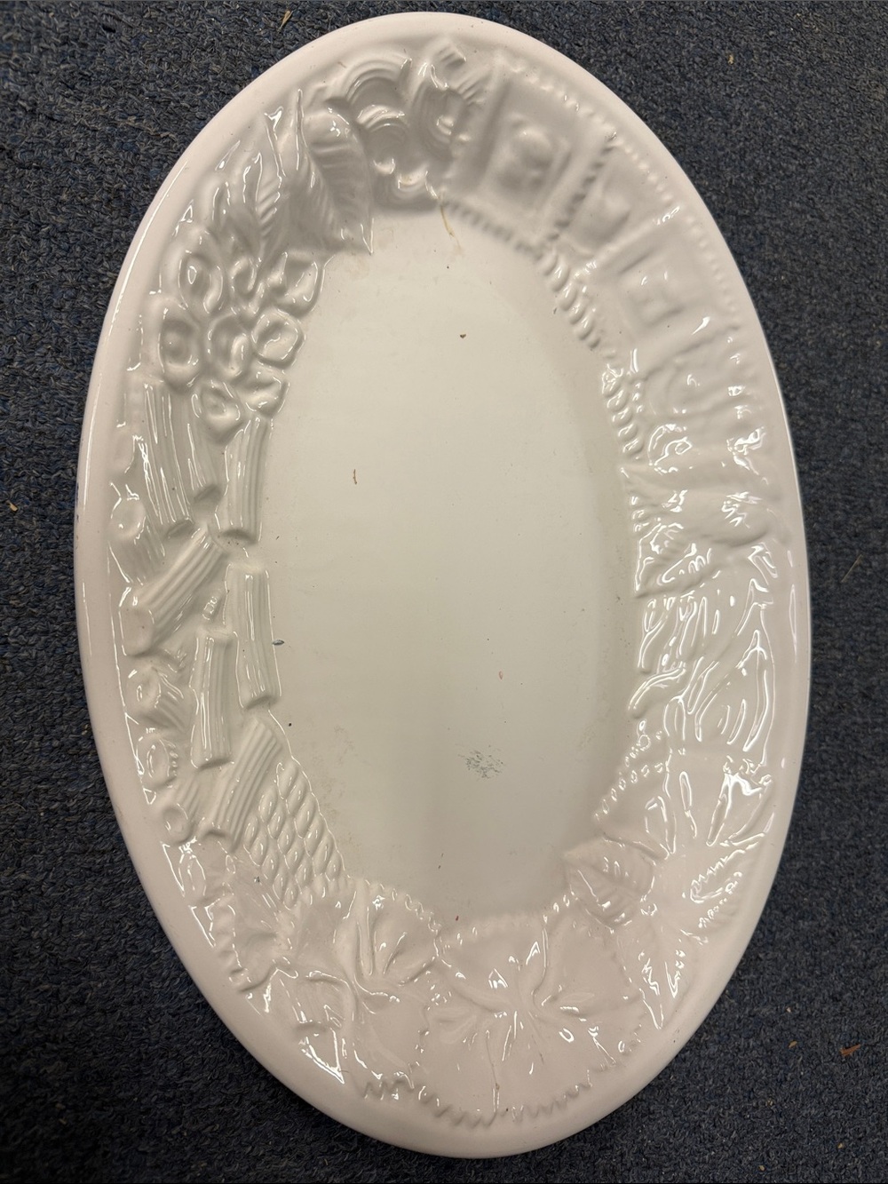 White Ceramic Oval Serving Platter - Classic Embossed Design